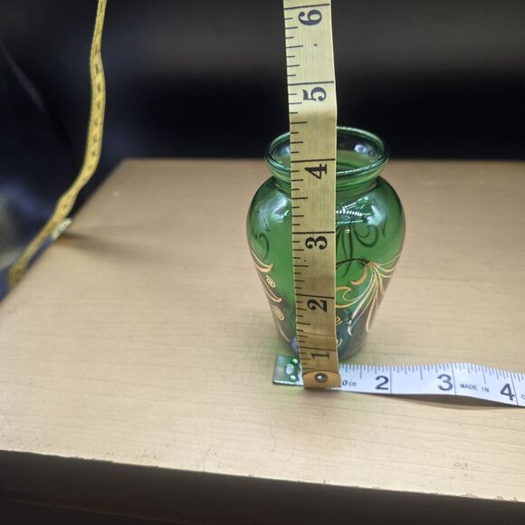 VTG Forest Green Depression Glass Vase Embellished w Gold Gilt Leaves 3.5" tall - Picture 7 of 8